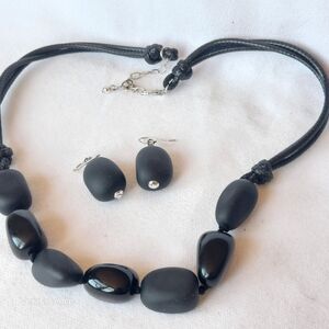 Statement Necklace and Earrings Set Chunky Beads black Onyx Leather Rope 18"